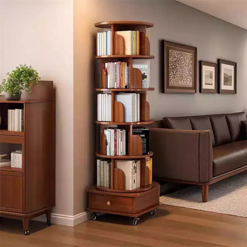 Libreria angolare girevole a 360° a 6 ripiani con ruote, scaffale stretto per piccoli spazi, marrone noce