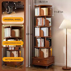Libreria angolare girevole a 360° a 6 ripiani con ruote, scaffale stretto per piccoli spazi, marrone noce