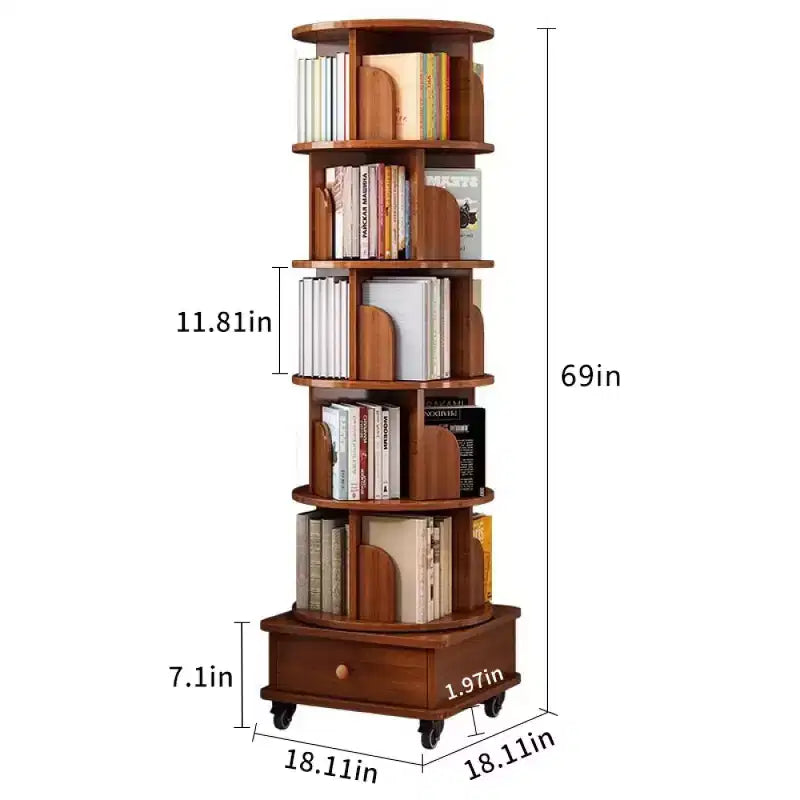 Libreria angolare girevole a 360° a 6 ripiani con ruote, scaffale stretto per piccoli spazi, marrone noce