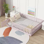 Letto completo a pavimento con recinzione e porta, sponde in legno di gomma rosa