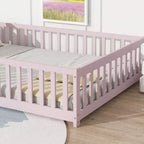 Letto completo a pavimento con recinzione e porta, sponde in legno di gomma rosa