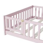 Letto completo a pavimento con recinzione e porta, sponde in legno di gomma rosa