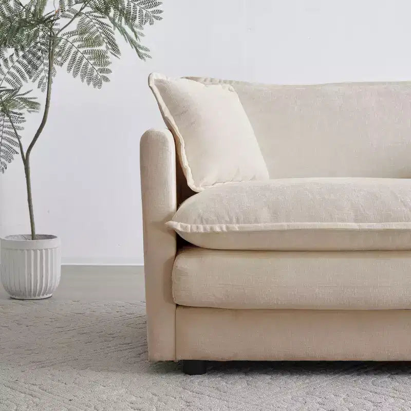 Divano Moderno Metà Secolo a 3 Posti con 2 Cuscini Bracciolo e 3 Cuscini Decorativi per Soggiorno in ciniglia Beige