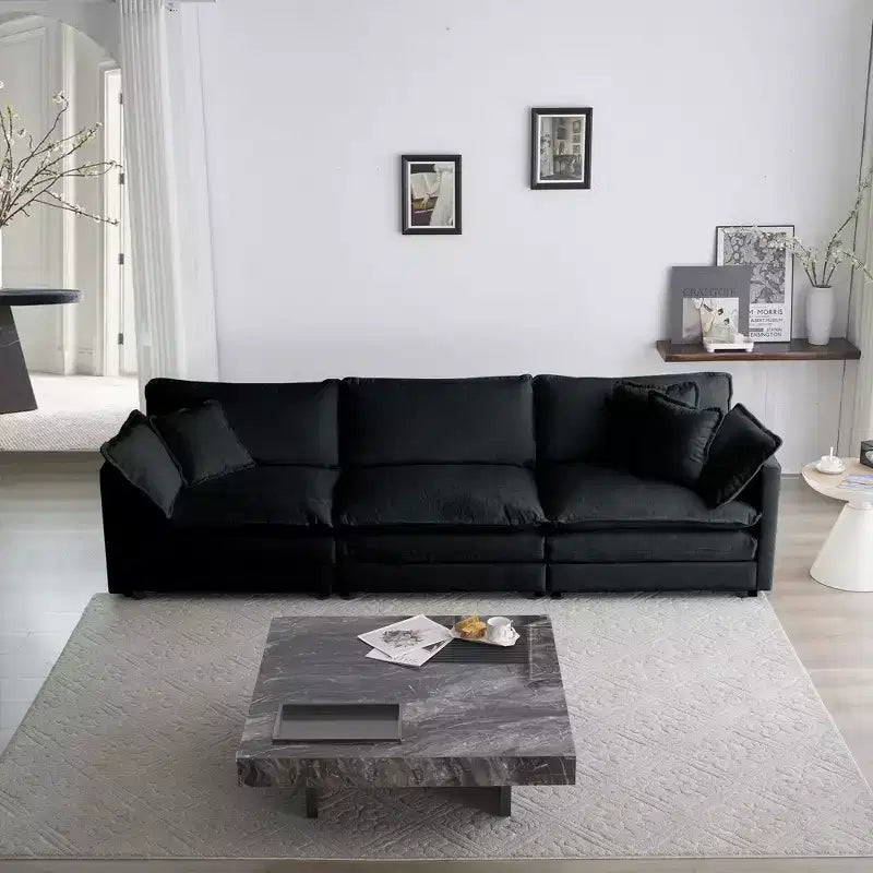 Mid-Century Modern Couch 3-Seater Sofa with 2 Armrest Pillows and 3 Toss Pillows Couch for Living Room Beige Chenille