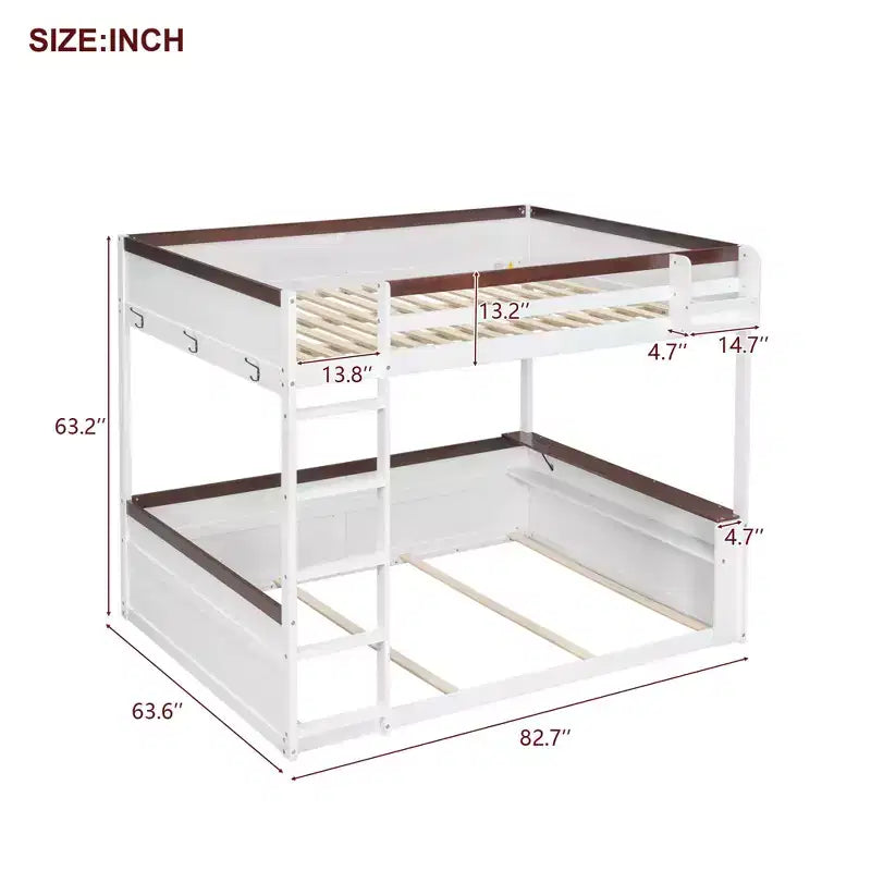 Letto a castello in legno queen size con ripiani portaoggetti, contenitore, luce a LED e stazione di ricarica USB
