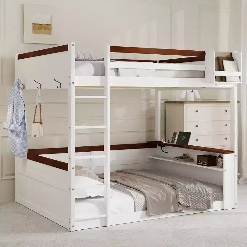 Letto a castello in legno queen size con ripiani portaoggetti, contenitore, luce a LED e stazione di ricarica USB