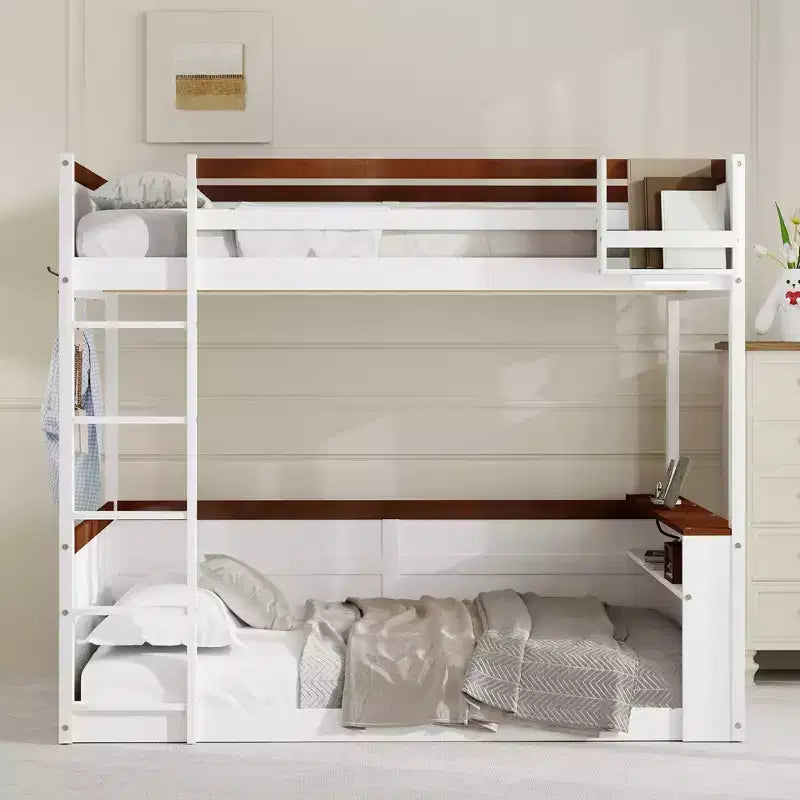 Letto a castello in legno queen size con ripiani portaoggetti, contenitore, luce a LED e stazione di ricarica USB