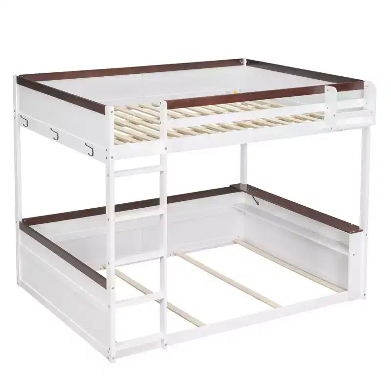 Letto a castello in legno queen size con ripiani portaoggetti, contenitore, luce a LED e stazione di ricarica USB