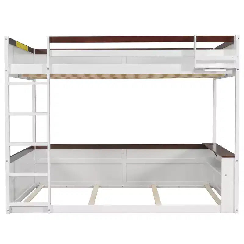 Letto a castello in legno queen size con ripiani portaoggetti, contenitore, luce a LED e stazione di ricarica USB