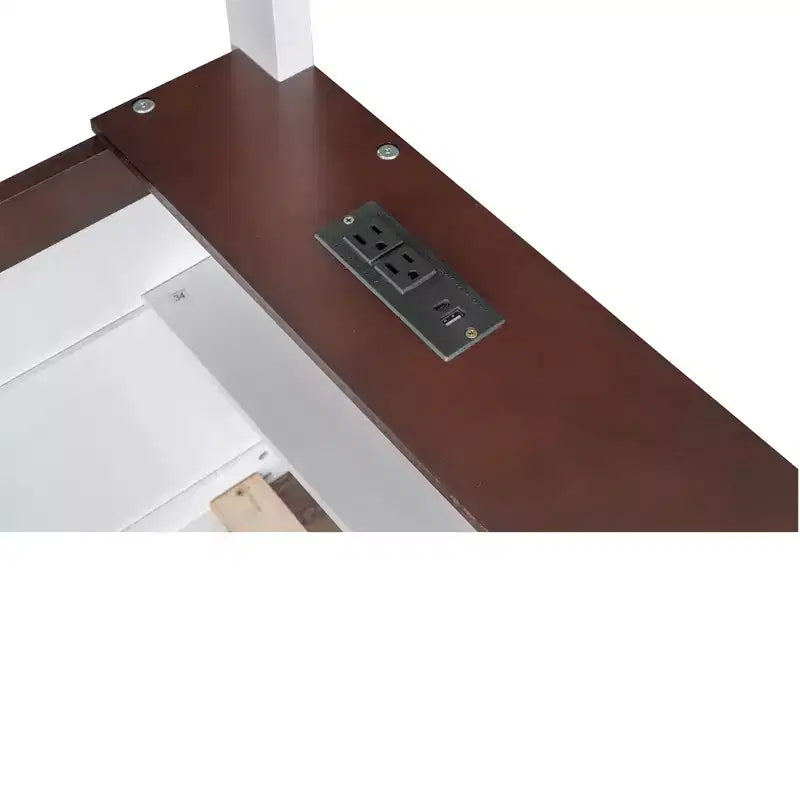 Letto a castello in legno queen size con ripiani portaoggetti, contenitore, luce a LED e stazione di ricarica USB