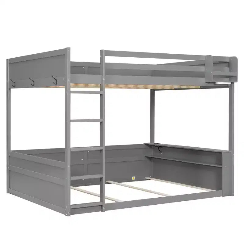 Letto a castello in legno queen size con ripiani portaoggetti, contenitore, luce a LED e stazione di ricarica USB