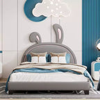 Acekool Full Size Upholstered Platform Bed with Animal Ears Headboard, Kids Rabbit Ornament, Sturdy Frame, No Box Spring Needed, Gray