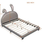 Letto a piattaforma imbottito matrimoniale con testiera a forma di orecchie di animale, ornamento coniglietto per bambini, struttura robusta, nessun box spring richiesto, grigio