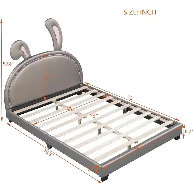 Letto a piattaforma imbottito matrimoniale con testiera a forma di orecchie di animale, ornamento coniglietto per bambini, struttura robusta, nessun box spring richiesto, grigio