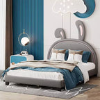 Letto a piattaforma imbottito matrimoniale con testiera a forma di orecchie di animale, ornamento coniglietto per bambini, struttura robusta, nessun box spring richiesto, grigio