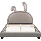 Letto a piattaforma imbottito matrimoniale con testiera a forma di orecchie di animale, ornamento coniglietto per bambini, struttura robusta, nessun box spring richiesto, grigio