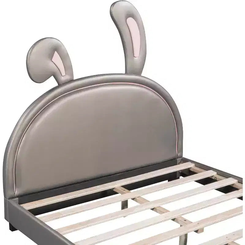 Letto a piattaforma imbottito matrimoniale con testiera a forma di orecchie di animale, ornamento coniglietto per bambini, struttura robusta, nessun box spring richiesto, grigio