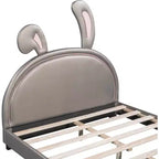 Letto a piattaforma imbottito matrimoniale con testiera a forma di orecchie di animale, ornamento coniglietto per bambini, struttura robusta, nessun box spring richiesto, grigio