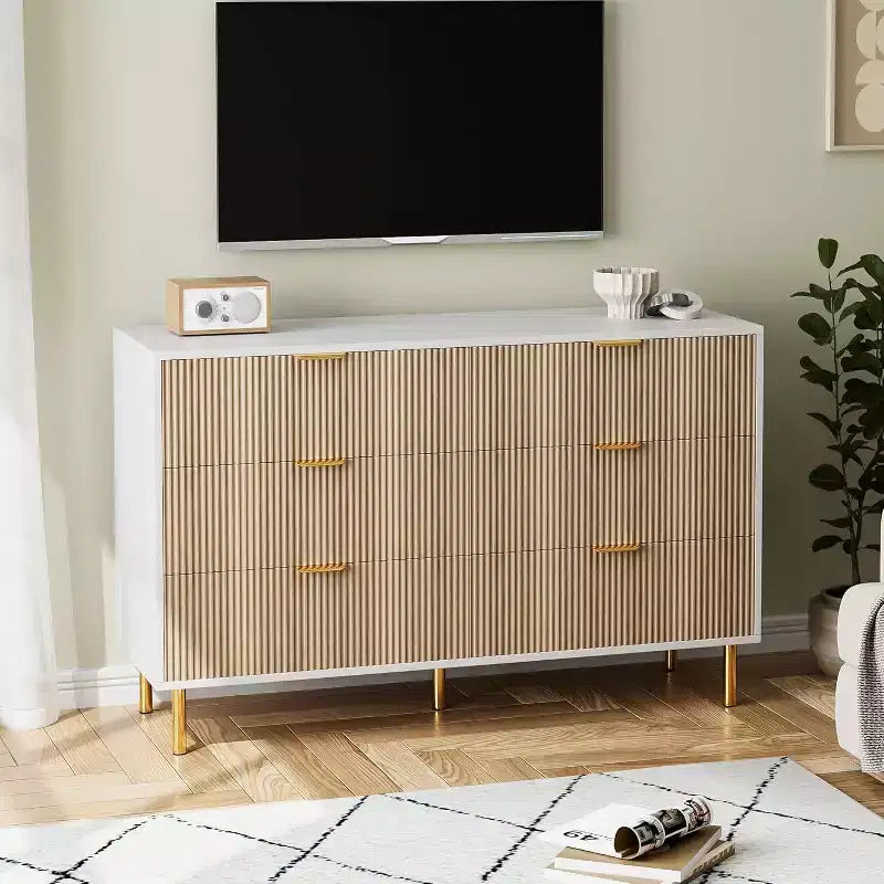 Comò moderno a 6 cassetti per camera da letto con maniglia dorata e cassetti grandi, doppio comò in legno e organizzatore di archiviazione per soggiorno