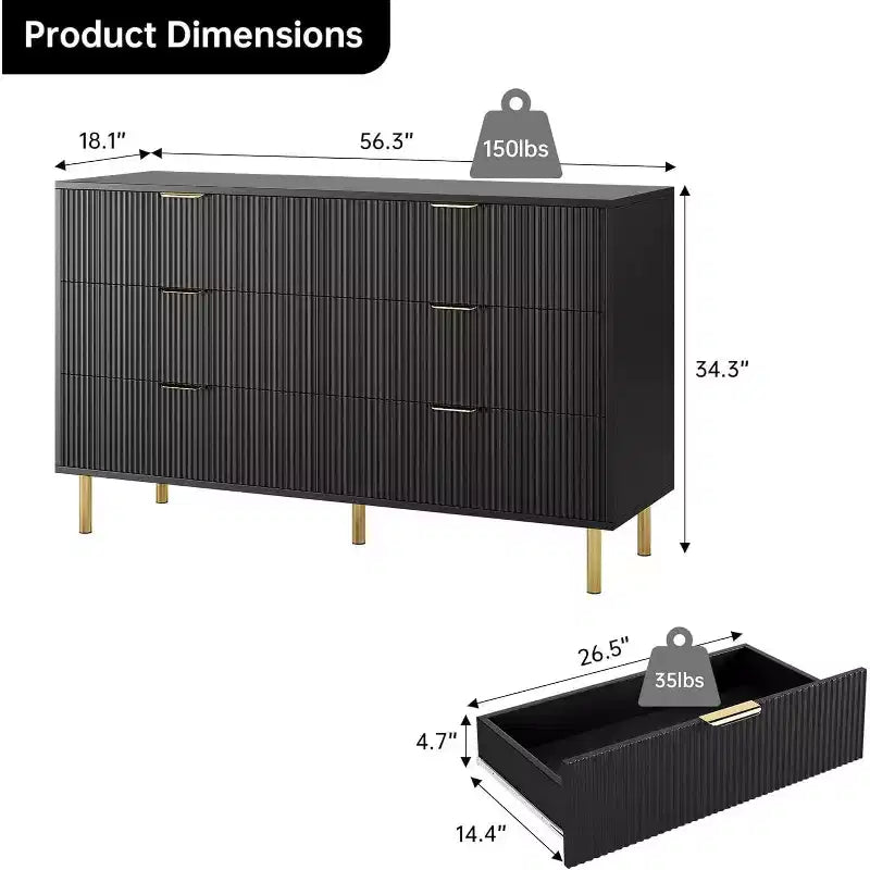 Dresser, Modern 6 Drawer Dresser for Bedroom with Gold Handle and Large Drawer, Wood Double Chest of Drawers and Storage Organizer for Living Room