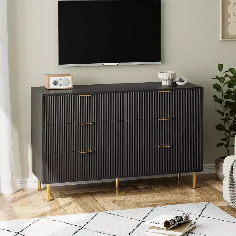 Dresser, Modern 6 Drawer Dresser for Bedroom with Gold Handle and Large Drawer, Wood Double Chest of Drawers and Storage Organizer for Living Room