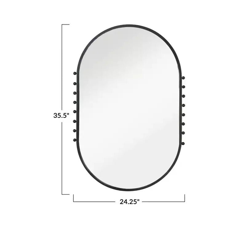 Specchio da Parete Ovale con Cornice in Metallo con Sfere, Nero Opaco