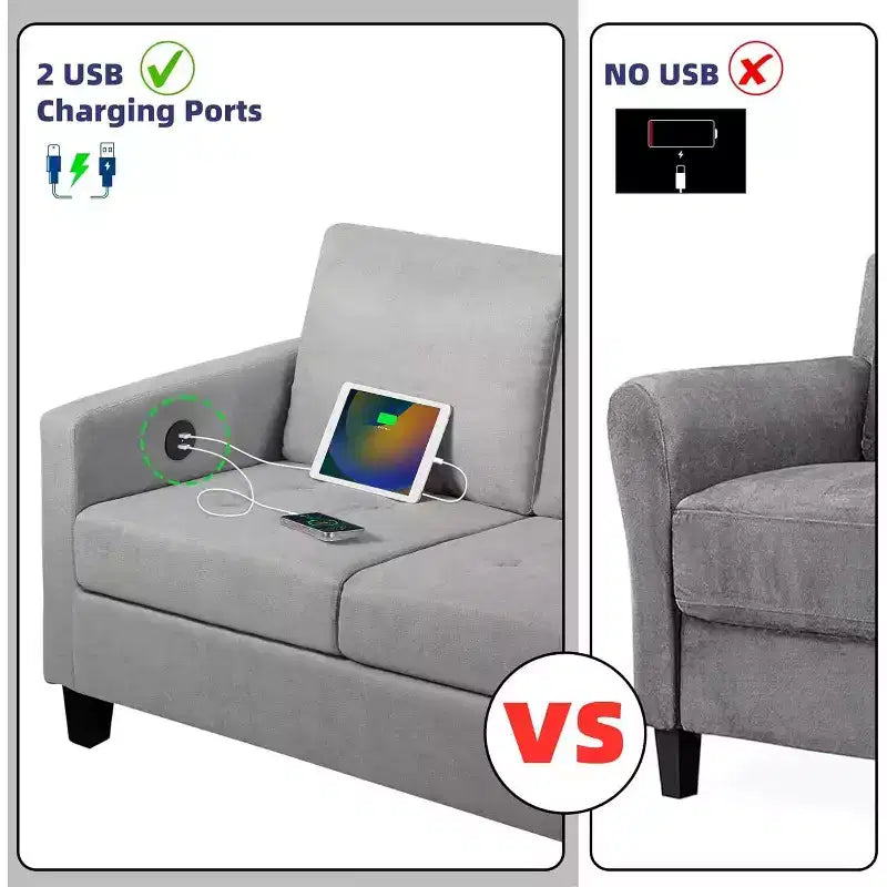 Divano a 3 posti da 72 pollici con porte USB, divano grigio moderno di metà secolo per soggiorno, camera da letto, appartamento, design confortevole e salvaspazio