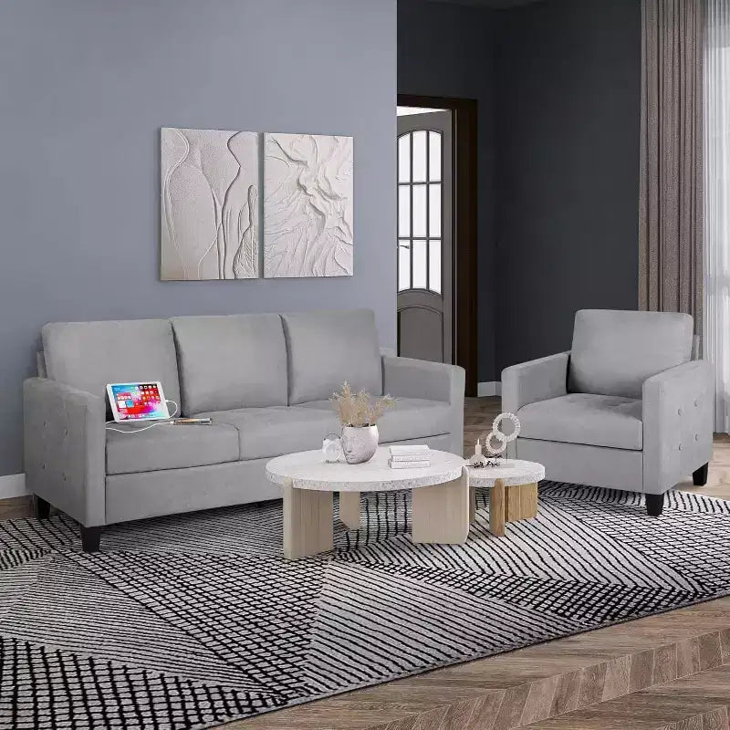 72 3-Seater Sofa with USB Ports, Mid-Century Modern Gray Couch for Living Room, Bedroom, Apartment Comfy & Space-Saving Design