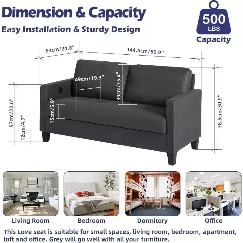 72 3-Seater Sofa with USB Ports, Mid-Century Modern Gray Couch for Living Room, Bedroom, Apartment Comfy & Space-Saving Design
