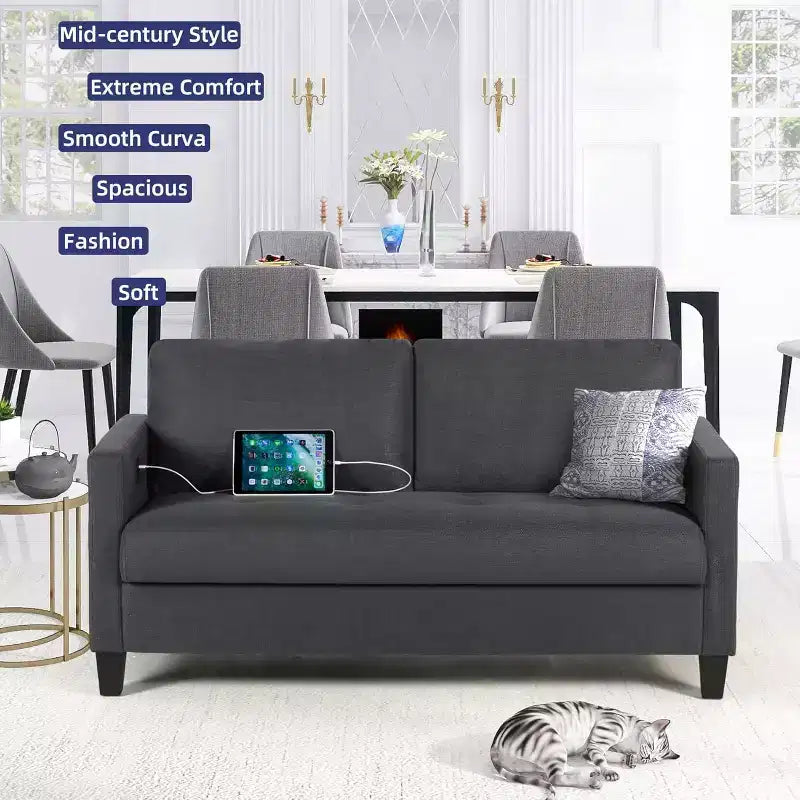 Divano a 3 posti da 72 pollici con porte USB, divano grigio moderno di metà secolo per soggiorno, camera da letto, appartamento, design confortevole e salvaspazio