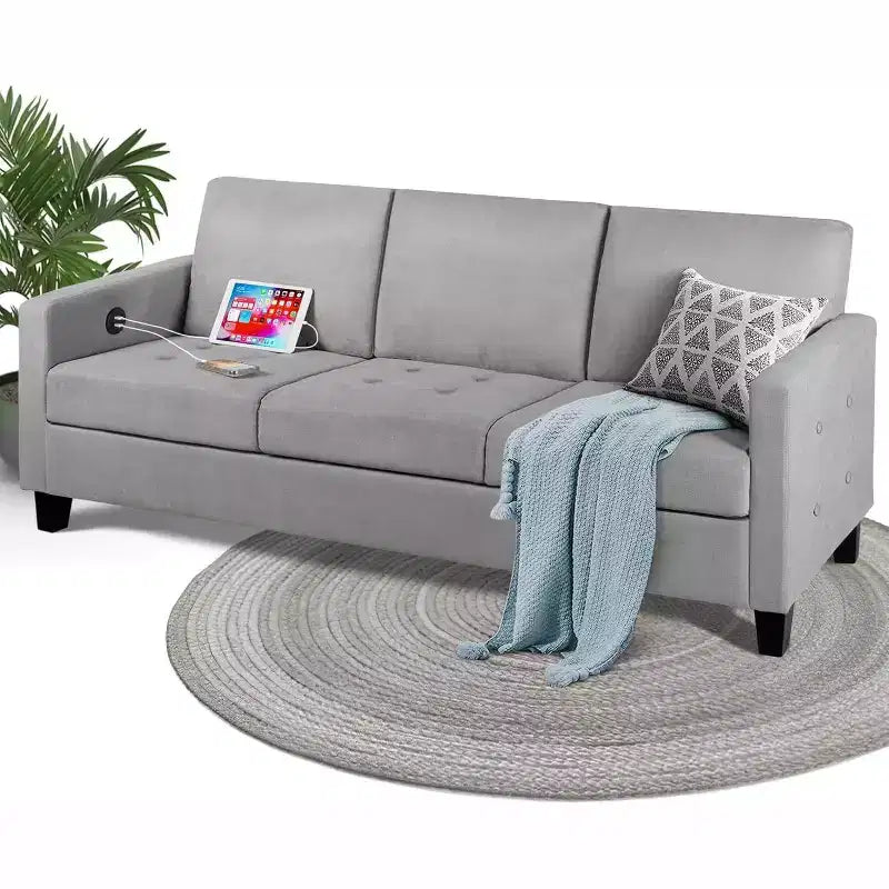 72 3-Seater Sofa with USB Ports, Mid-Century Modern Gray Couch for Living Room, Bedroom, Apartment Comfy & Space-Saving Design