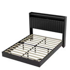 Queen/Full Size Floating Bed Frame with LED Lights Charging Station, Upholstered Leather Platform Bed Frame with Headboard,Black,White