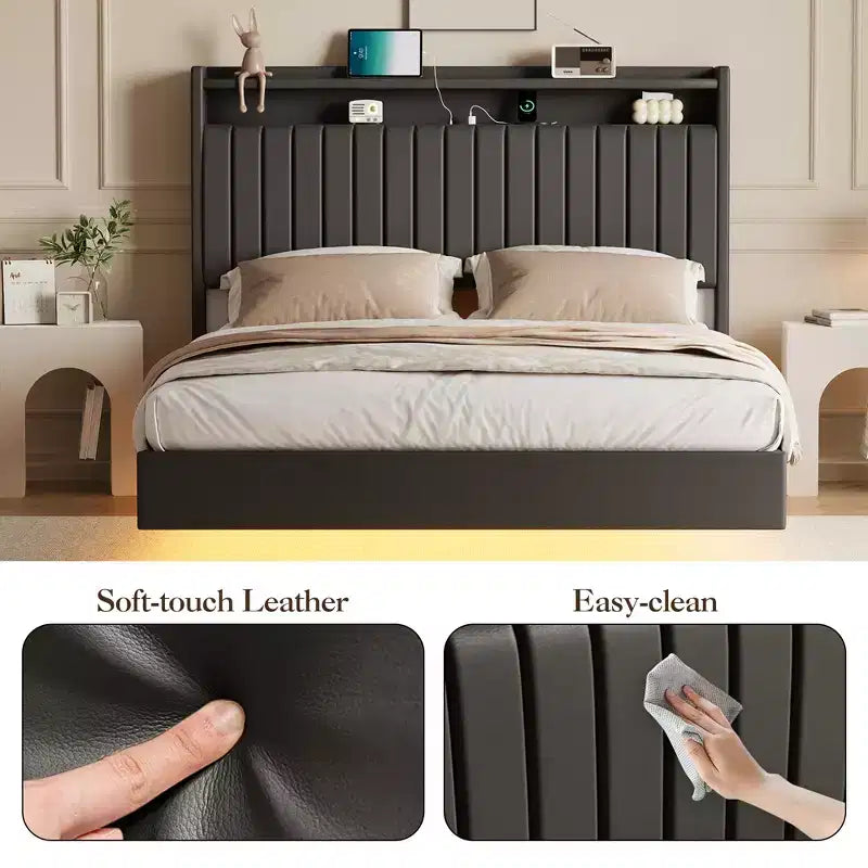 Struttura letto flottante Queen/Full Size con luci LED e stazione di ricarica, struttura letto imbottita in pelle con testiera, nero, bianco