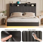 Struttura letto flottante Queen/Full Size con luci LED e stazione di ricarica, struttura letto imbottita in pelle con testiera, nero, bianco