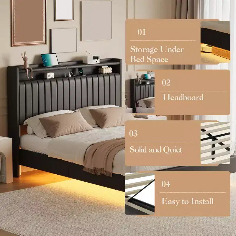 Struttura letto flottante Queen/Full Size con luci LED e stazione di ricarica, struttura letto imbottita in pelle con testiera, nero, bianco