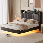 Struttura letto flottante Queen/Full Size con luci LED e stazione di ricarica, struttura letto imbottita in pelle con testiera, nero, bianco