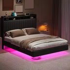 Struttura letto flottante Queen/Full Size con luci LED e stazione di ricarica, struttura letto imbottita in pelle con testiera, nero, bianco