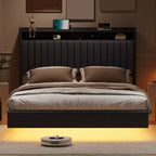 Struttura letto flottante Queen/Full Size con luci LED e stazione di ricarica, struttura letto imbottita in pelle con testiera, nero, bianco