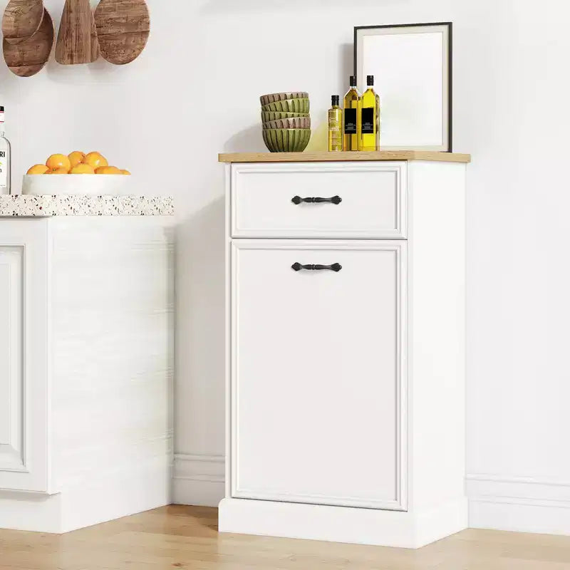 Pattumiera singola da 38 litri con apertura a ribalta - Mobiletto per raccolta differenziata, bianco, autoportante, per cucina, sala da pranzo, salotto