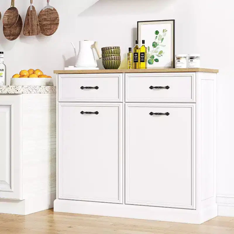 10 Gallon Single Trash Cabinet Tilt Out - White Freestanding Garbage Bin Storage for Kitchen, Dining Room, Living Room