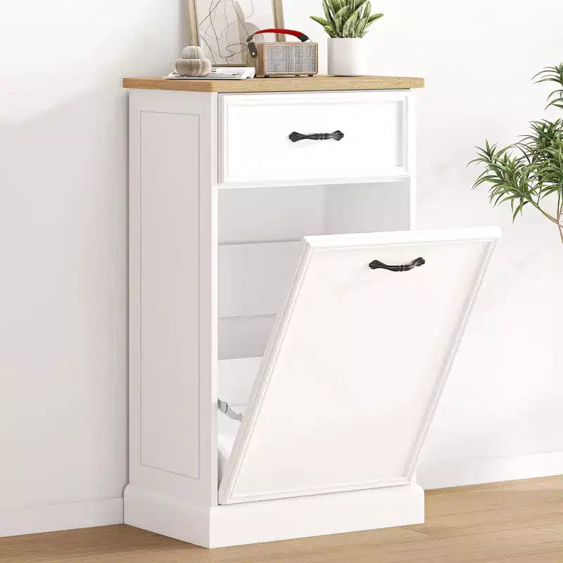 10 Gallon Single Trash Cabinet Tilt Out - White Freestanding Garbage Bin Storage for Kitchen, Dining Room, Living Room