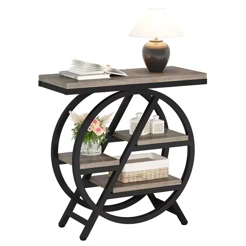 Zeus & Ruta 25.59 Modern Gray End Table with Geometric Metal Frame and 3-Tier Storage Shelves