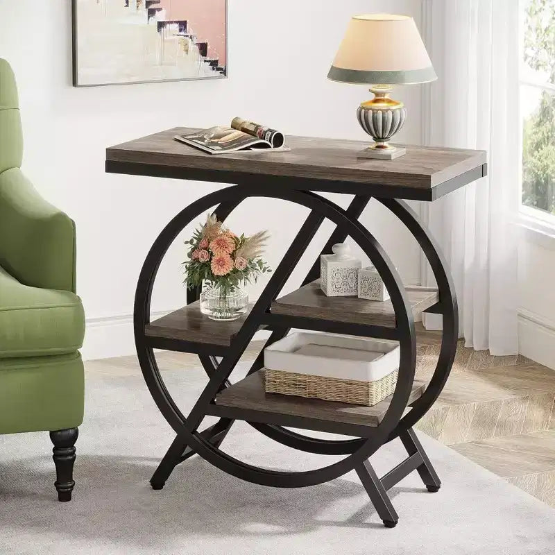 25.59 Tavolino moderno grigio con struttura geometrica in metallo e 3 ripiani portaoggetti