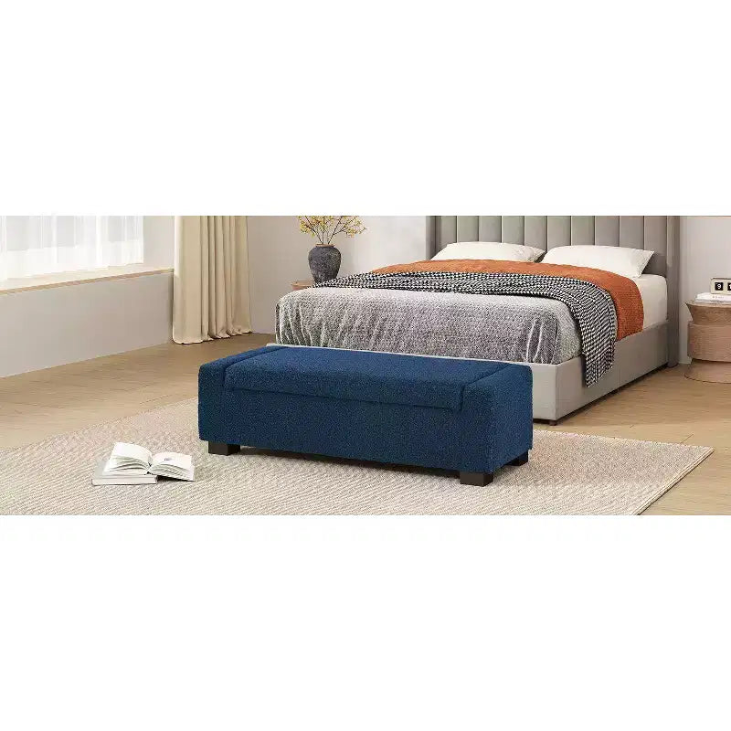 50 Ottomano in Bouclé Testurizzato, Design Rettangolare con Coperchio Incernierato per Seduta e Contenitore Nascosto per Salotto