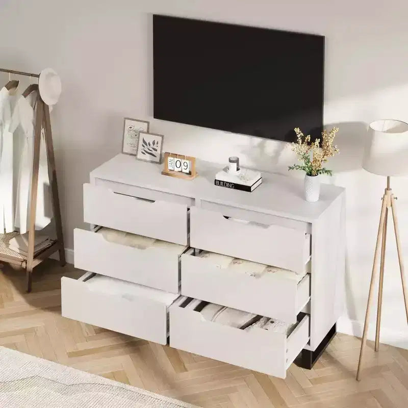 7 Cassettiera per camera da letto, Cassettiera larga 120 cm, Mobile verticale autoportante con cassetti e contenitore, Cassettiera in legno per soggiorno