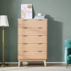Cassettiera a 5 cassetti scanalati, Comò in legno con dispositivo scorrevole e antiribaltamento, Cassettiera moderna minimalista, Beige