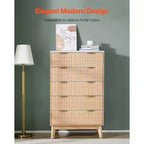 Cassettiera a 5 cassetti scanalati, Comò in legno con dispositivo scorrevole e antiribaltamento, Cassettiera moderna minimalista, Beige