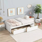 MAYEERTY Twin Size Bed with 2 Drawers Solid Rubber Wood White for Bedroom