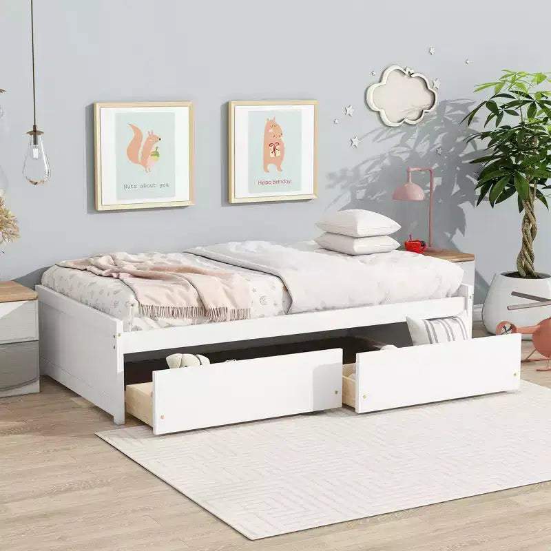 Letto singolo con 2 cassetti, in legno massello di caucciù, bianco, per camera da letto