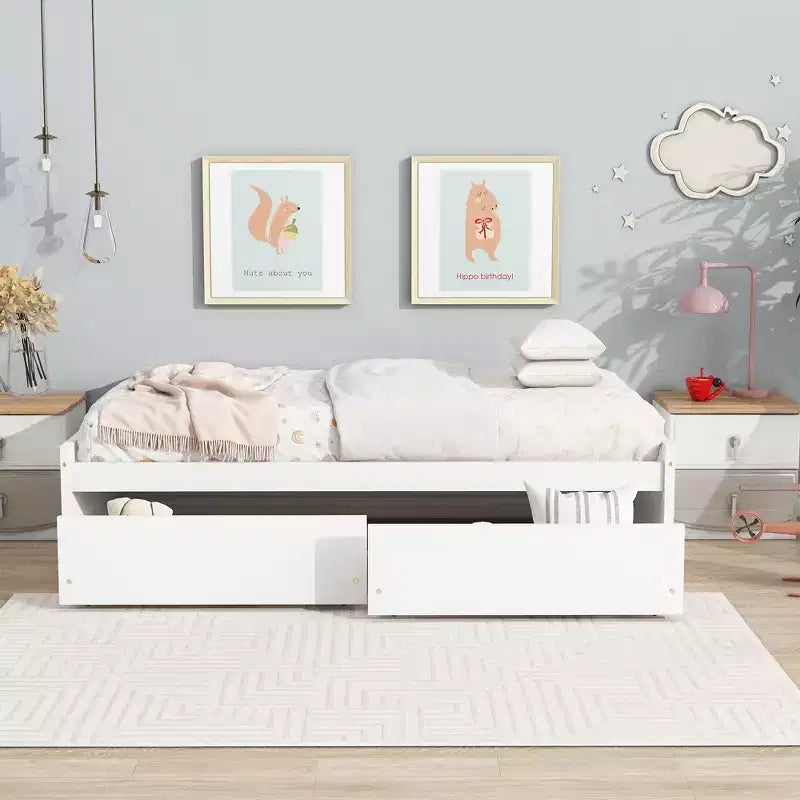 Letto singolo con 2 cassetti, in legno massello di caucciù, bianco, per camera da letto
